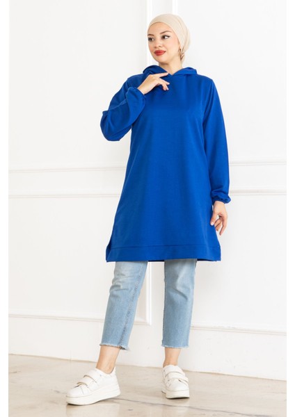 Kadın Kapüşonlu Saks Mavi Uzun Tesettür Tunik Sweatshirt