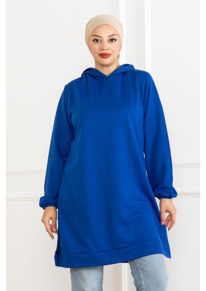 Kadın Kapüşonlu Saks Mavi Uzun Tesettür Tunik Sweatshirt