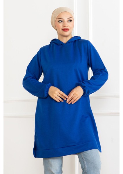 Kadın Kapüşonlu Saks Mavi Uzun Tesettür Tunik Sweatshirt
