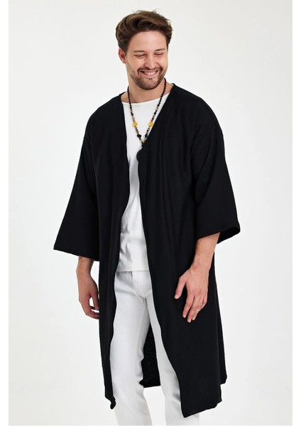 Uzun Kimono Siyah Düz Fakir Kol Oversize Bohem