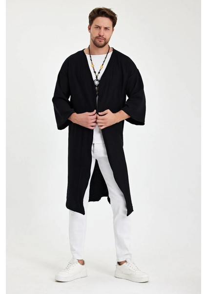 Uzun Kimono Siyah Düz Fakir Kol Oversize Bohem modelleri