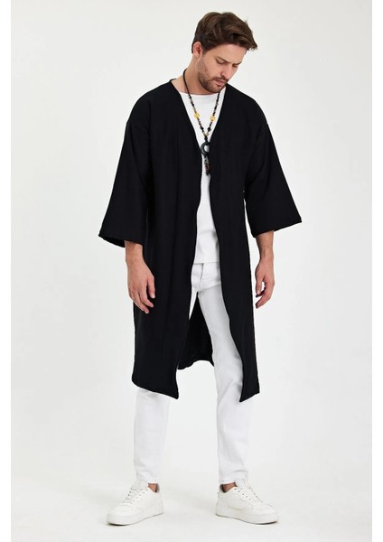 Uzun Kimono Siyah Düz Fakir Kol Oversize Bohem fırsatları