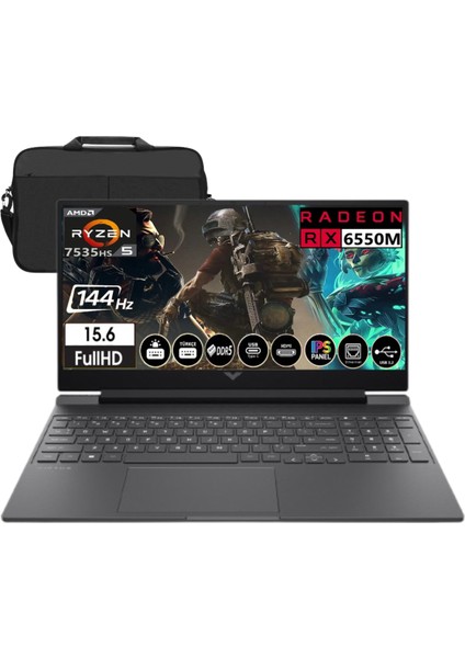 Victus 15-FB2028NT Amd Ryzen 5 7535HS 8gb Ram 1tb SSD RX6550M 144Hz Freedos 15.6" Fullhd Taşınabilir Bilgisayar A44MJEA & Cimete Çanta