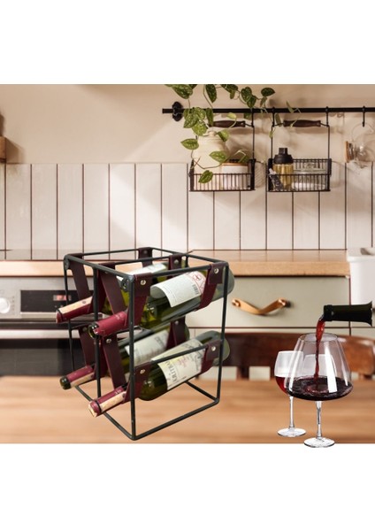 Modern 4 Lü Metal ve Deri Şarap Viski Şampanya Standı Dekoratif Wine Rack Drink Stand