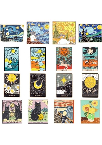 STYLE-8XZ1328-1 Yaratıcı Geometrik Kareler Yıldızlı Gökyüzü Yağlıboya Manzara Emaye Pimleri Güneş Ay Gündoğumu Çiçekler Kedi Alaşım Broş Rozet Takı (Yurt Dışından) fiyatları