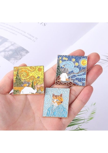 STYLE-8XZ1328-1 Yaratıcı Geometrik Kareler Yıldızlı Gökyüzü Yağlıboya Manzara Emaye Pimleri Güneş Ay Gündoğumu Çiçekler Kedi Alaşım Broş Rozet Takı (Yurt Dışından) fırsatları