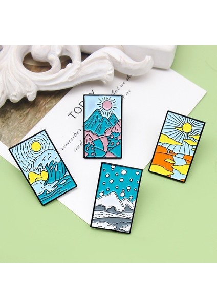 STYLE-8XZ1328-1 Yaratıcı Geometrik Kareler Yıldızlı Gökyüzü Yağlıboya Manzara Emaye Pimleri Güneş Ay Gündoğumu Çiçekler Kedi Alaşım Broş Rozet Takı (Yurt Dışından) indirimleri