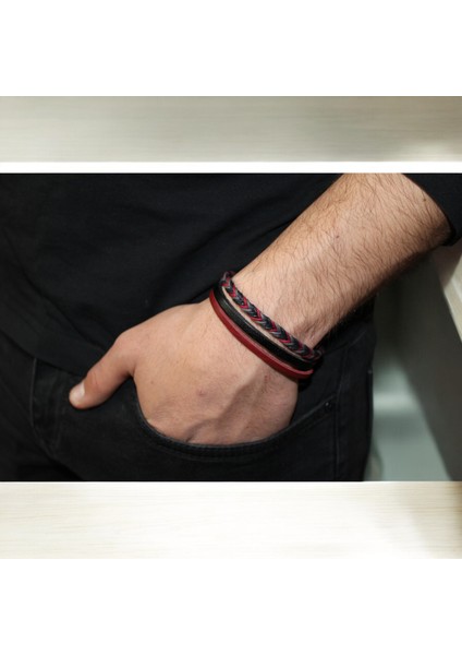 Şık Örgü Deri Bileklik Kırmızı ve Siyah Tonlarda, Mıknatıslı Kapama modelleri