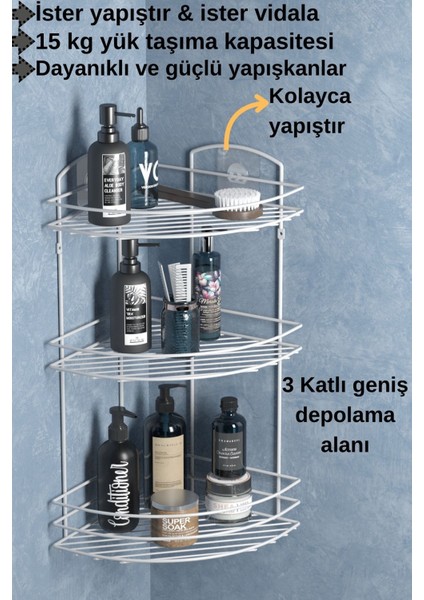 Teknotel Banyo Düzenleyici Şampuanlık Sabunluk 3 Katlı Yapışkanlı Banyo Duş Rafı Beyaz ST033
