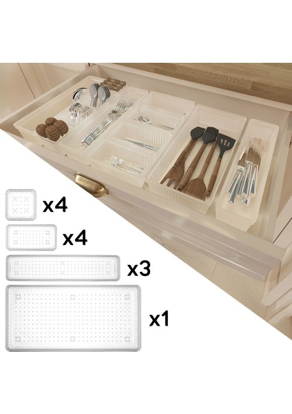 12 Parça Modüler Kaşıklık Seti - Ayarlanabilir Mutfak Çekmece Içi Düzenleyici Organizer Şeffaf