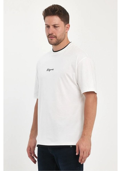 Erkek Bisiklet Yaka Eteği Yakası Garnili Rodi Jeans Yazılı Bisiklet Yaka Oversize T-Shirt