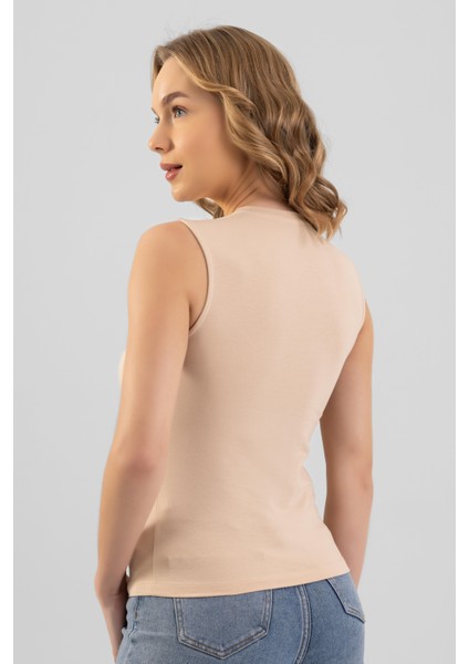 Kadın Pamuklu Bisiklet Yaka Kolsuz Penye Body Tişört Ten Rengi fırsatları