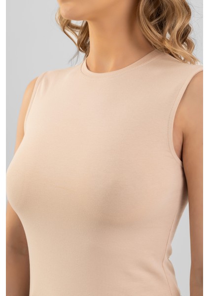 Kadın Pamuklu Bisiklet Yaka Kolsuz Penye Body Tişört Ten Rengi indirimleri