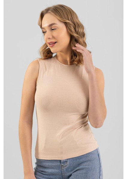 Kadın Pamuklu Bisiklet Yaka Kolsuz Penye Body Tişört Ten Rengi fiyatları