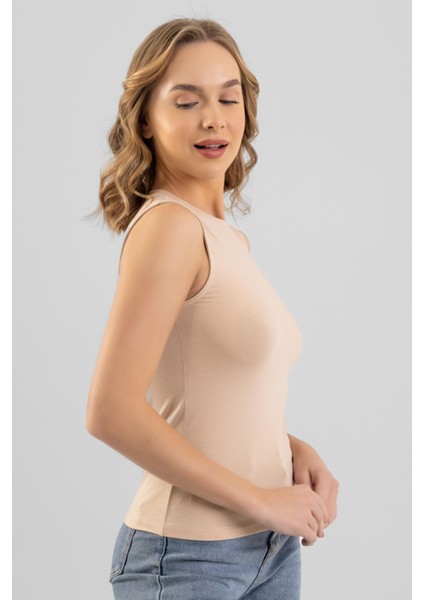 Kadın Pamuklu Bisiklet Yaka Kolsuz Penye Body Tişört Ten Rengi modelleri