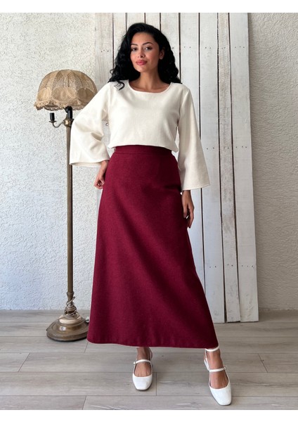 Bordo Uzun Kaşe Etek