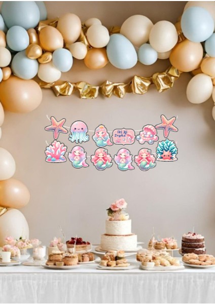 Denizkızı Temalı Doğumgünü Banner Flama 12 Parça Parti Süsü Doğum Günü Süsü Kalın Karton Ipli