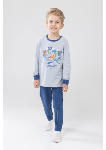 Erkek Çocuk Pamuklu Baskılı Bisiklet Yaka Uzun Kollu Manşetli Pijama Takımı 9606-1 Gri