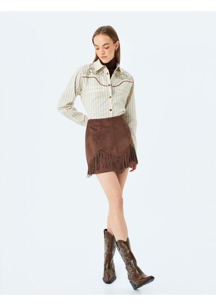 Metal Aksesuarlı Çizgili Uzun Kollu Düğmeli Gömlek