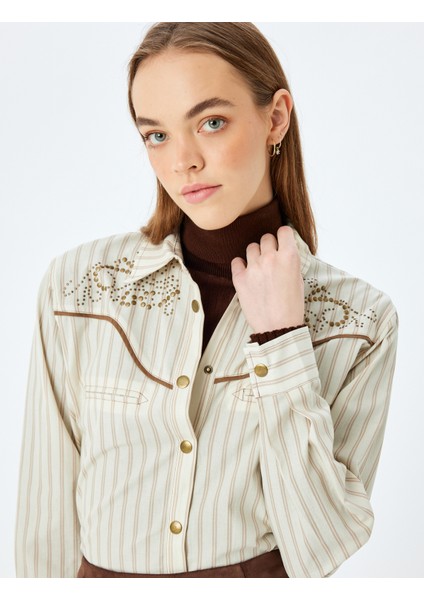 Metal Aksesuarlı Çizgili Uzun Kollu Düğmeli Gömlek fiyatları