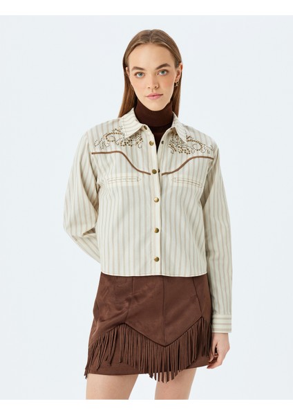 Metal Aksesuarlı Çizgili Uzun Kollu Düğmeli Gömlek modelleri