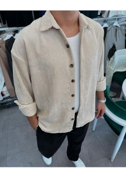 Erkek Bebe Mavi Fitilli Kalın Oversize Boyfriend Regular Fit Düğmeli Kadife Gömlek