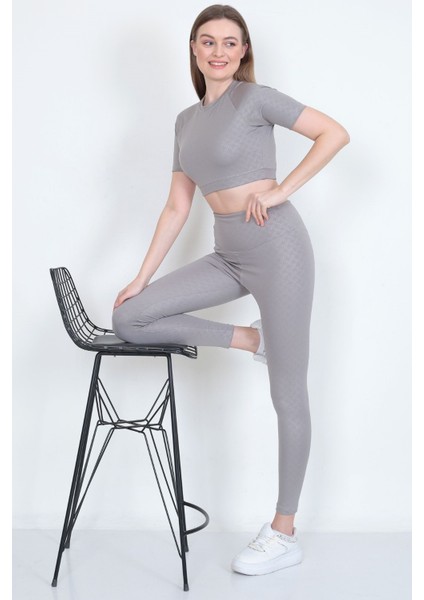 Kadın Yüksek Bel Likralı Toparlayıcı Dalgıç Kumaş Koşu & Fitness Yoga & Pilates Crop-Tayt 2 Li Takım modelleri