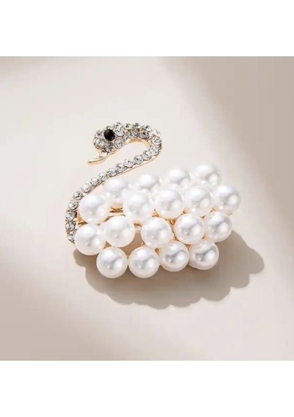 Zarif Beyaz Incili Kuğu Broş