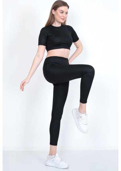 Kadın Yüksek Bel Likralı Toparlayıcı Dalgıç Kumaş Koşu & Fitness Yoga & Pilates Crop-Tayt 2 Li Takım