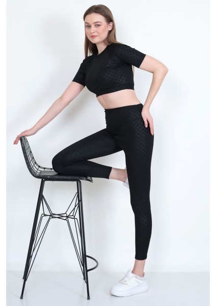 Kadın Yüksek Bel Likralı Toparlayıcı Dalgıç Kumaş Koşu & Fitness Yoga & Pilates Crop-Tayt 2 Li Takım indirimleri