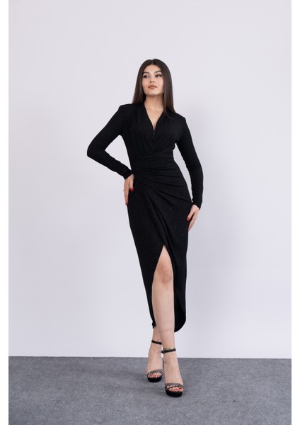 Önü Toplu Simli Uzun Yırtmaçlı Abiye-Party Elbisesi 50301