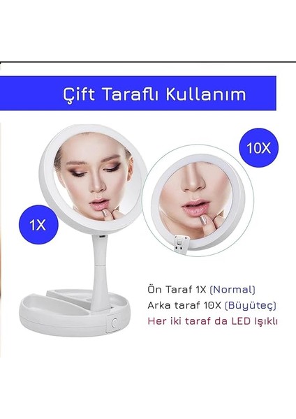 10x Katlanabilir Makyaj Aynası - Çift Taraflı - USB Vanity LED Işıklı - Büyüteçli Ayna