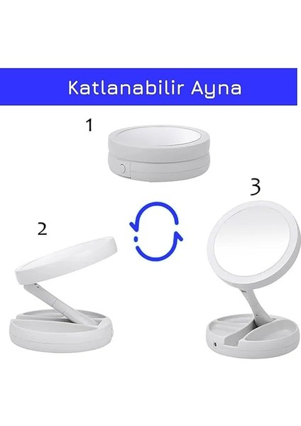 10x Katlanabilir Makyaj Aynası - Çift Taraflı - USB Vanity LED Işıklı - Büyüteçli Ayna