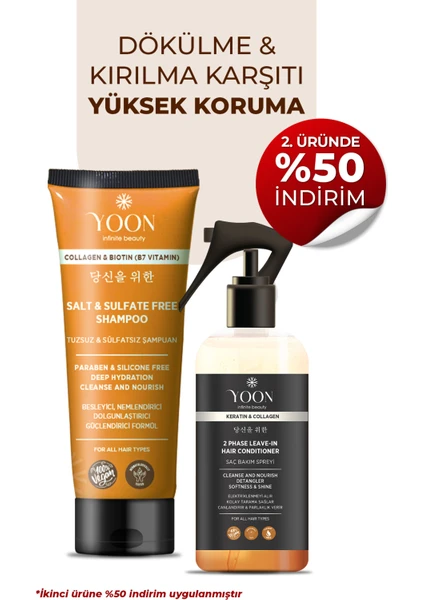 Vegan Tuzsuz Şampuan & Saç Bakım Spreyi 250ML, Keratin, Kolajen ve B7 Biotinli 2'li Besleyici Set