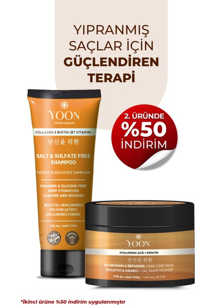 Vegan Tuzsuz Şampuan & Saç Bakım Maskesi 250ML, Hyaluronik Asit, Keratin, Kolajen ve Biotin 2'li Set