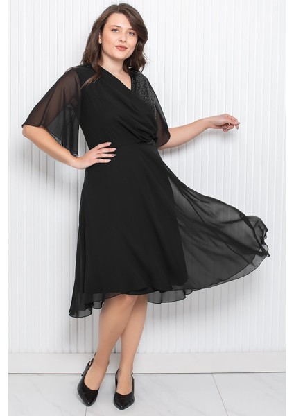 Payet Detaylı Şifon Abiye Siyah MDV360