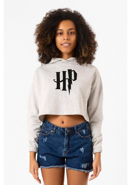 Hp Logo Beyaz Kırçıllı Kadın Crop Kapşonlu