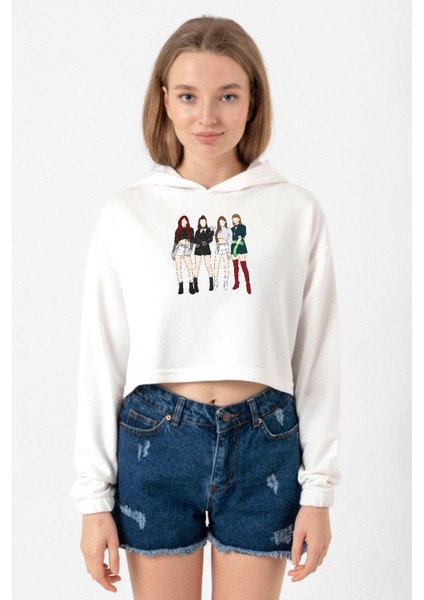 Blackpink Minimalist Ekru Kadın Crop Kapşonlu