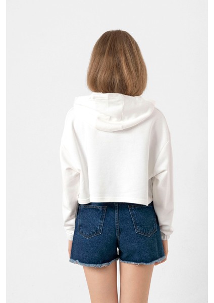Blackpink Minimalist Ekru Kadın Crop Kapşonlu modelleri