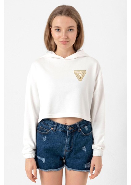 Dark Tannhaus Logo Ekru Kadın Crop Kapşonlu