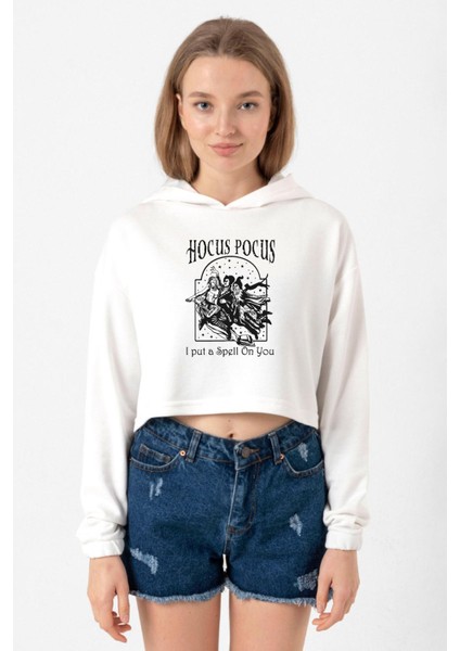 Hocus Pocus I Put A Spell On You Ekru Kadın Crop Kapşonlu