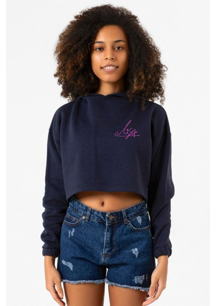Blackpink Lisa Signature Lacivert Kadın Crop Kapşonlu