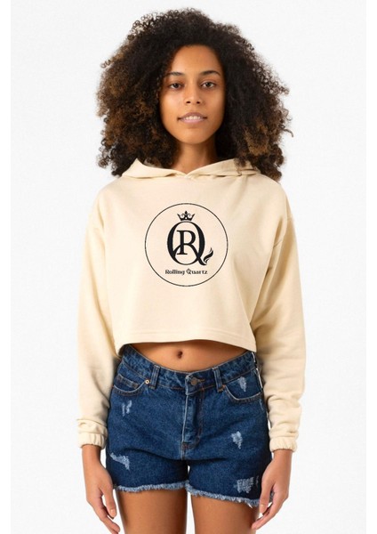 Rolling Quartz Logo Bej Kadın Crop Kapşonlu