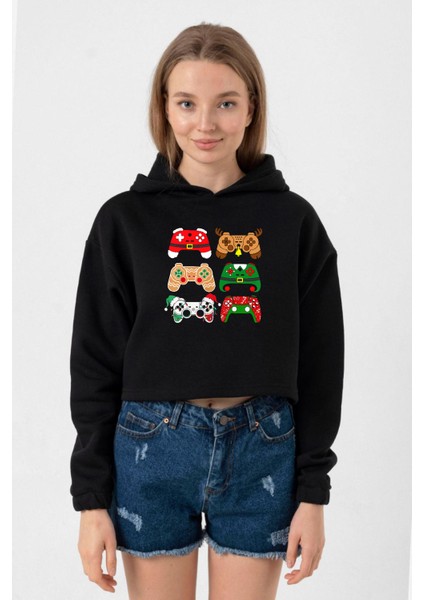 Video Game Controller Christmas Siyah Kadın Crop Kapşonlu