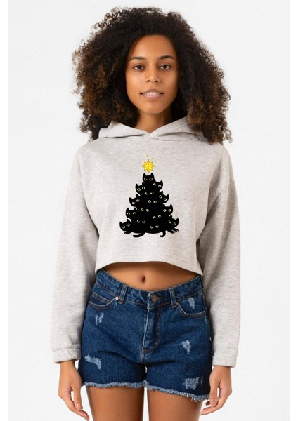 Meowy Christmas Grimelanj Kadın Crop Kapşonlu
