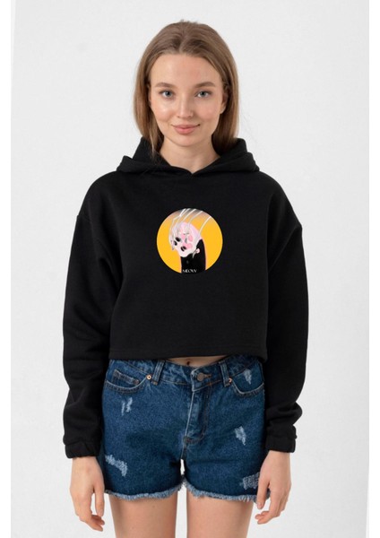 Meovv Meow Siyah Kadın Crop Kapşonlu