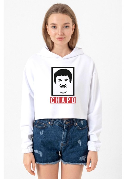 El Chapo Gangster Swagger Beyaz Optik Kadın Crop Kapşonlu