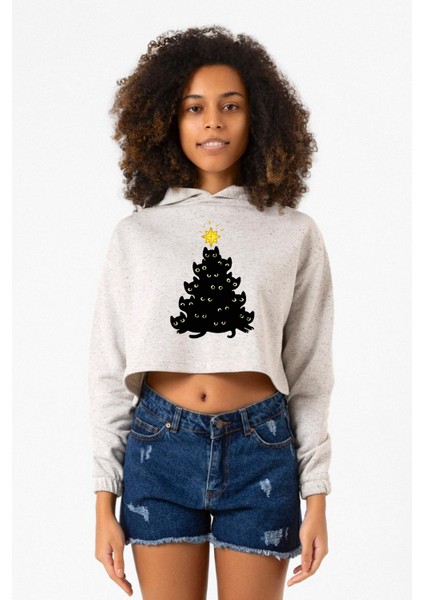 Meowy Christmas Beyaz Kırçıllı Kadın Crop Kapşonlu