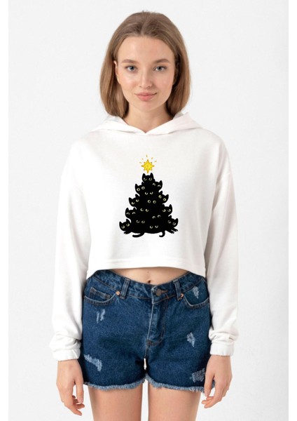 Meowy Christmas Ekru Kadın Crop Kapşonlu