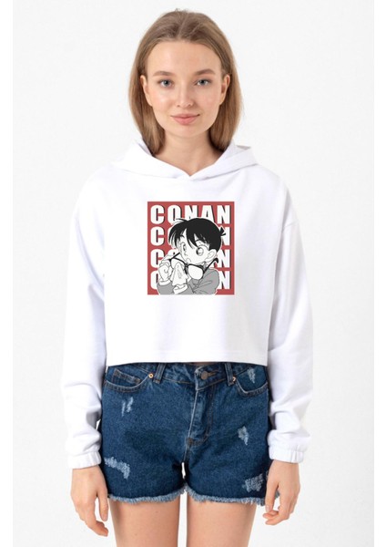 Detective Conan Anime Conan Beyaz Optik Kadın Crop Kapşonlu